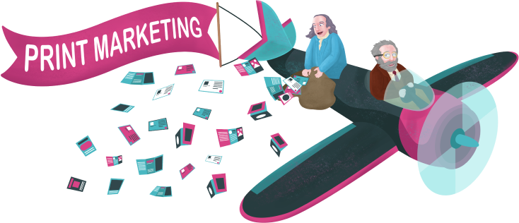 Alexander Graham Bell flying an airplane while Benjamin Franklin drops print marketing materials over the side.